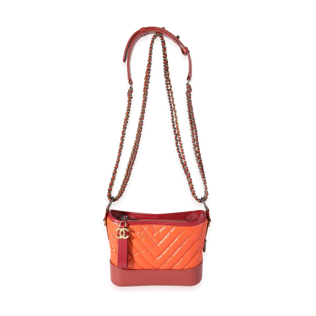 Top Quality Chanel Orange & Red Aged Calfskin Chevron Quilted Small Gabrielle Hobo