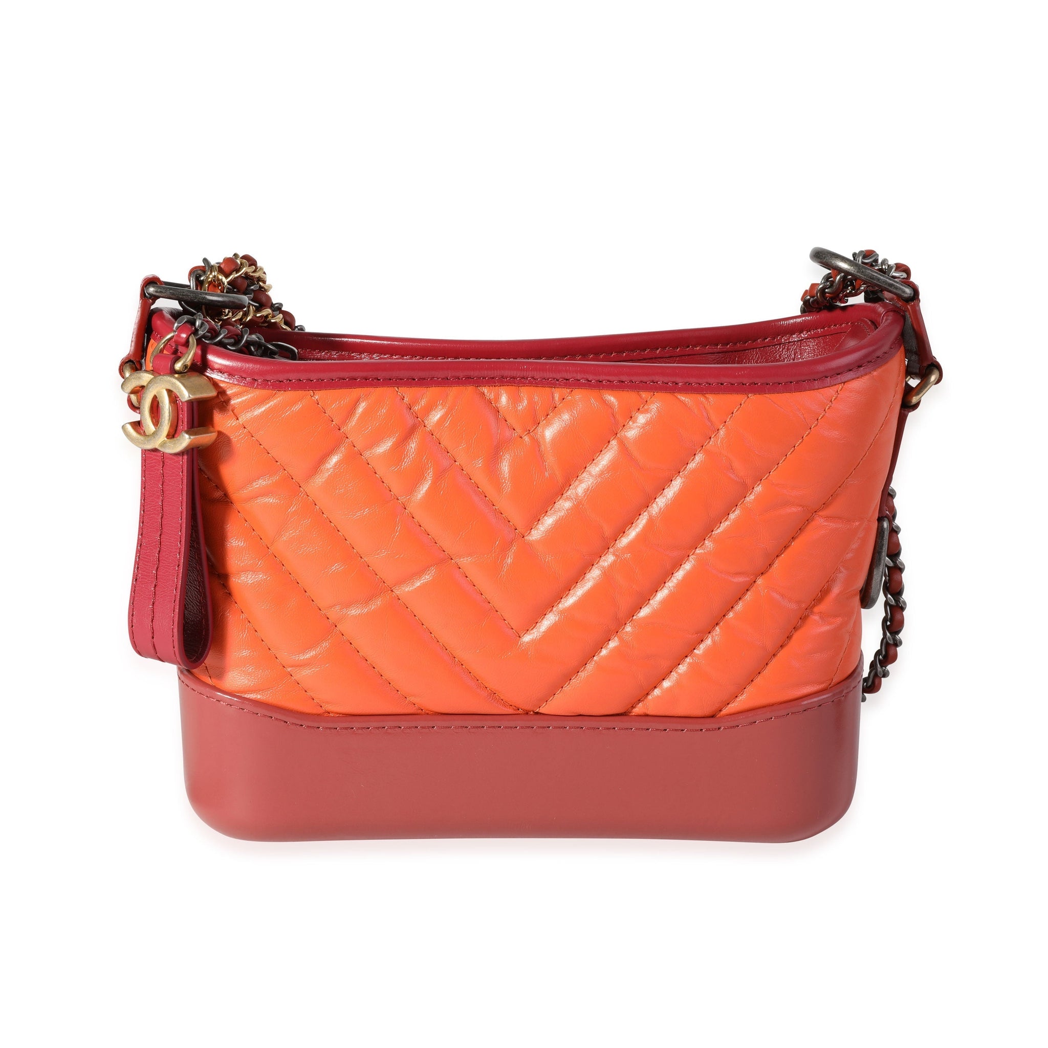 Top Quality Chanel Orange & Red Aged Calfskin Chevron Quilted Small Gabrielle Hobo