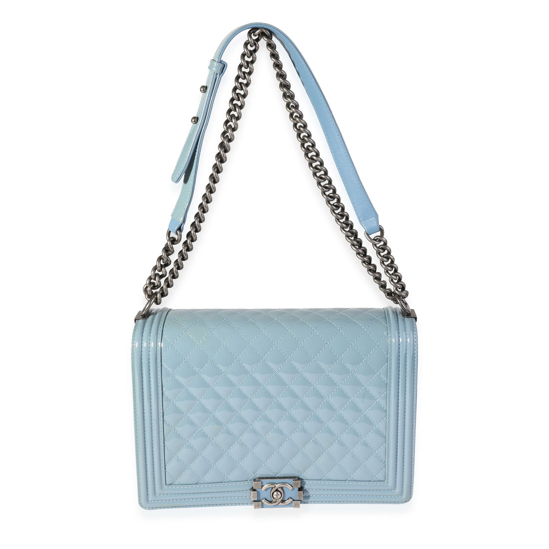 Top Quality Chanel Light Blue Quilted Patent Leather Large Boy Bag