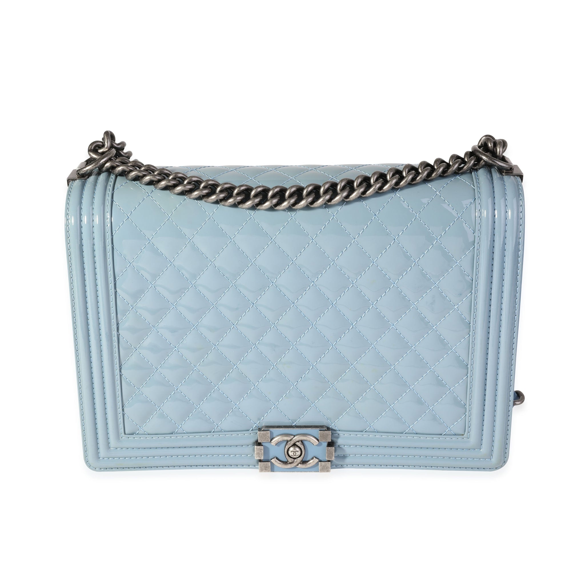 Top Quality Chanel Light Blue Quilted Patent Leather Large Boy Bag