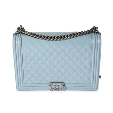 Top Quality Chanel Light Blue Quilted Patent Leather Large Boy Bag