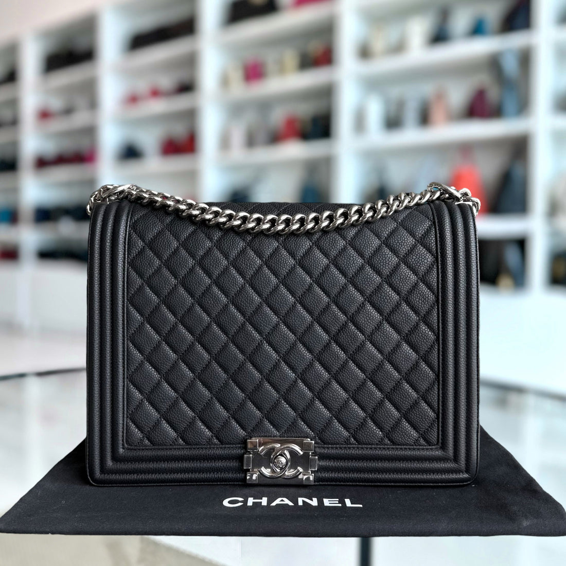 Chanel Boy Large - Caviar 30CM Quilted Black Silver Hardware Series 17