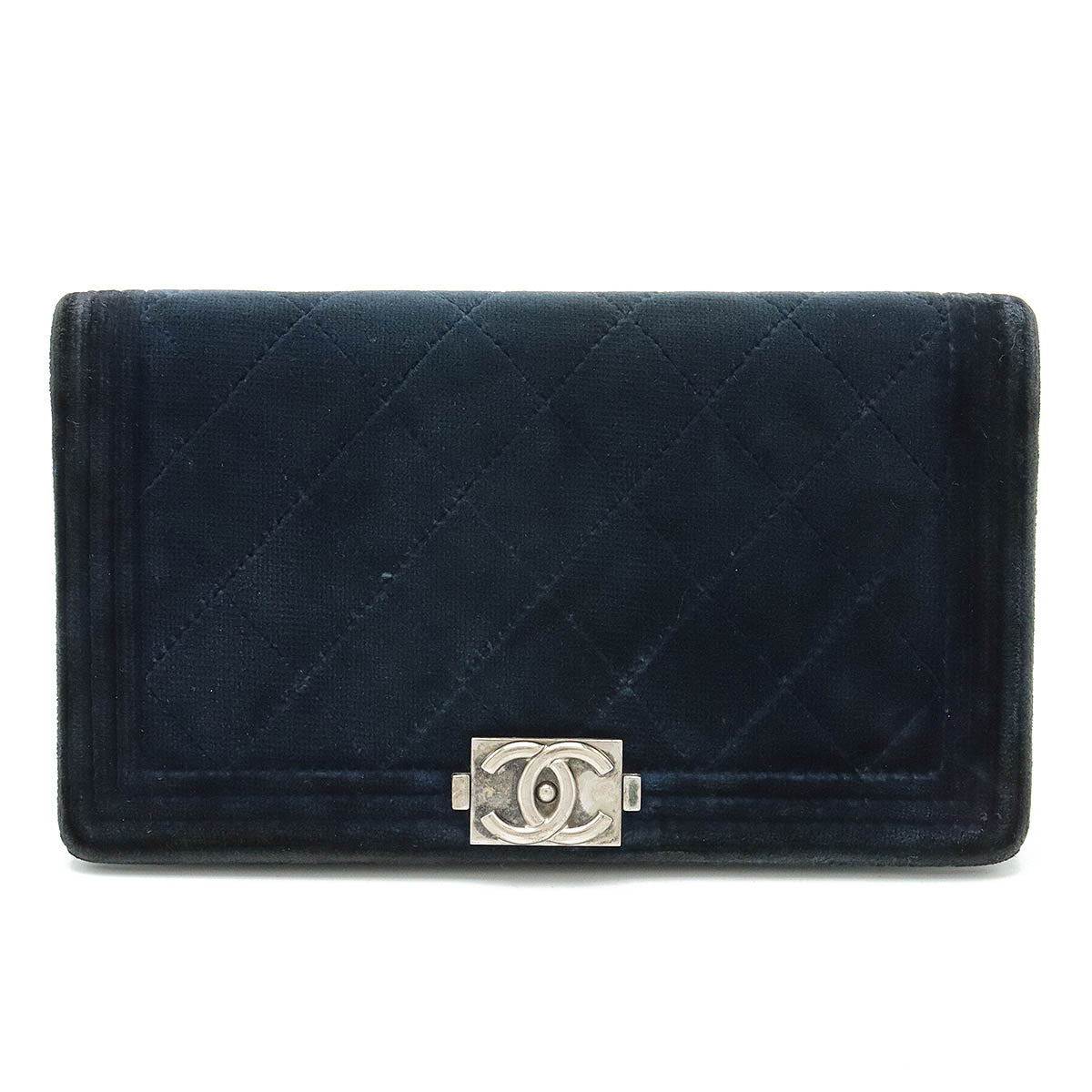 Chanel Boy Matelasse Velour Long Wallet Dark Navy A80285