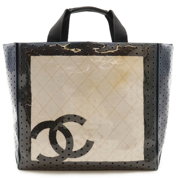 Chanel Sports Line Coco Mark Punching Large Tote Bag 2way Vinyl Canvas Navy White