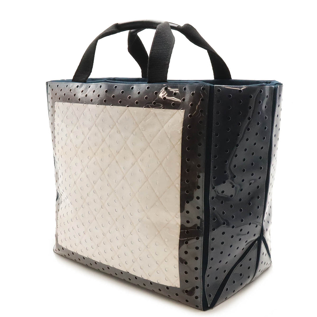 Chanel Sports Line Coco Mark Punching Large Tote Bag 2way Vinyl Canvas Navy White