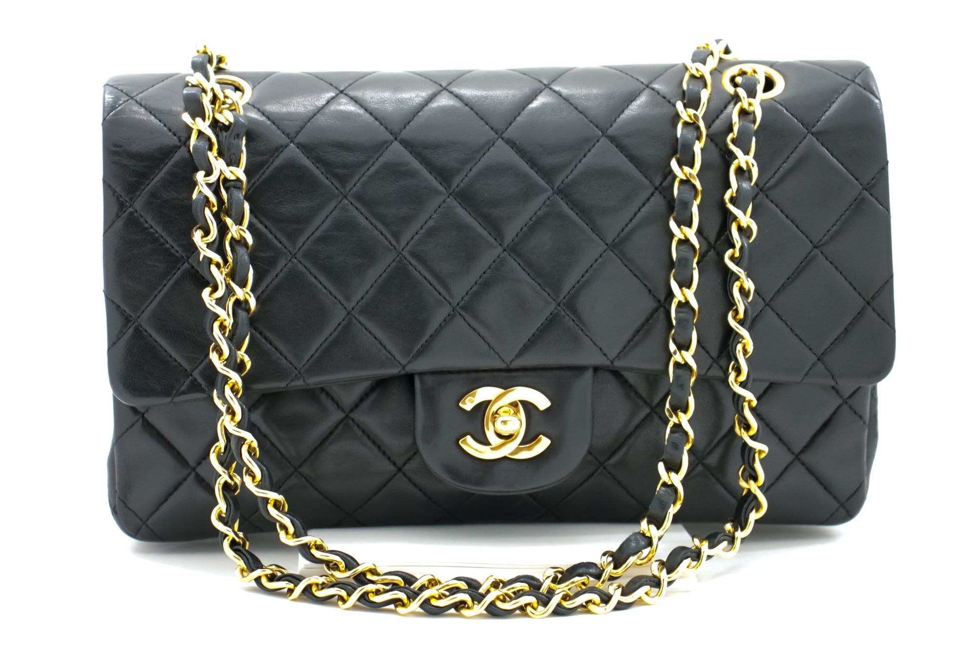 CHANEL Classic Double Flap 10" Chain Shoulder Bag Black Lambskin i65