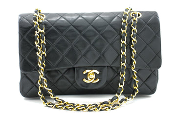 CHANEL Classic Double Flap 10" Chain Shoulder Bag Black Lambskin i65
