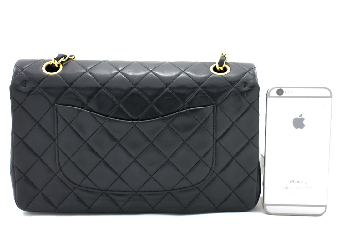 CHANEL Classic Double Flap 10" Chain Shoulder Bag Black Lambskin i65