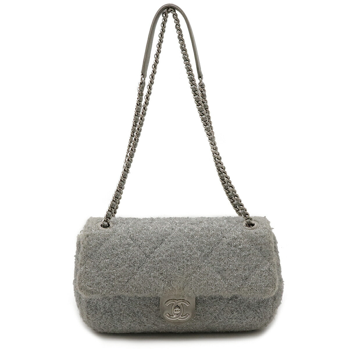 Chanel Fabric Leather Poolto Glitter Coco Mark Chain Shoulder Bag Silver