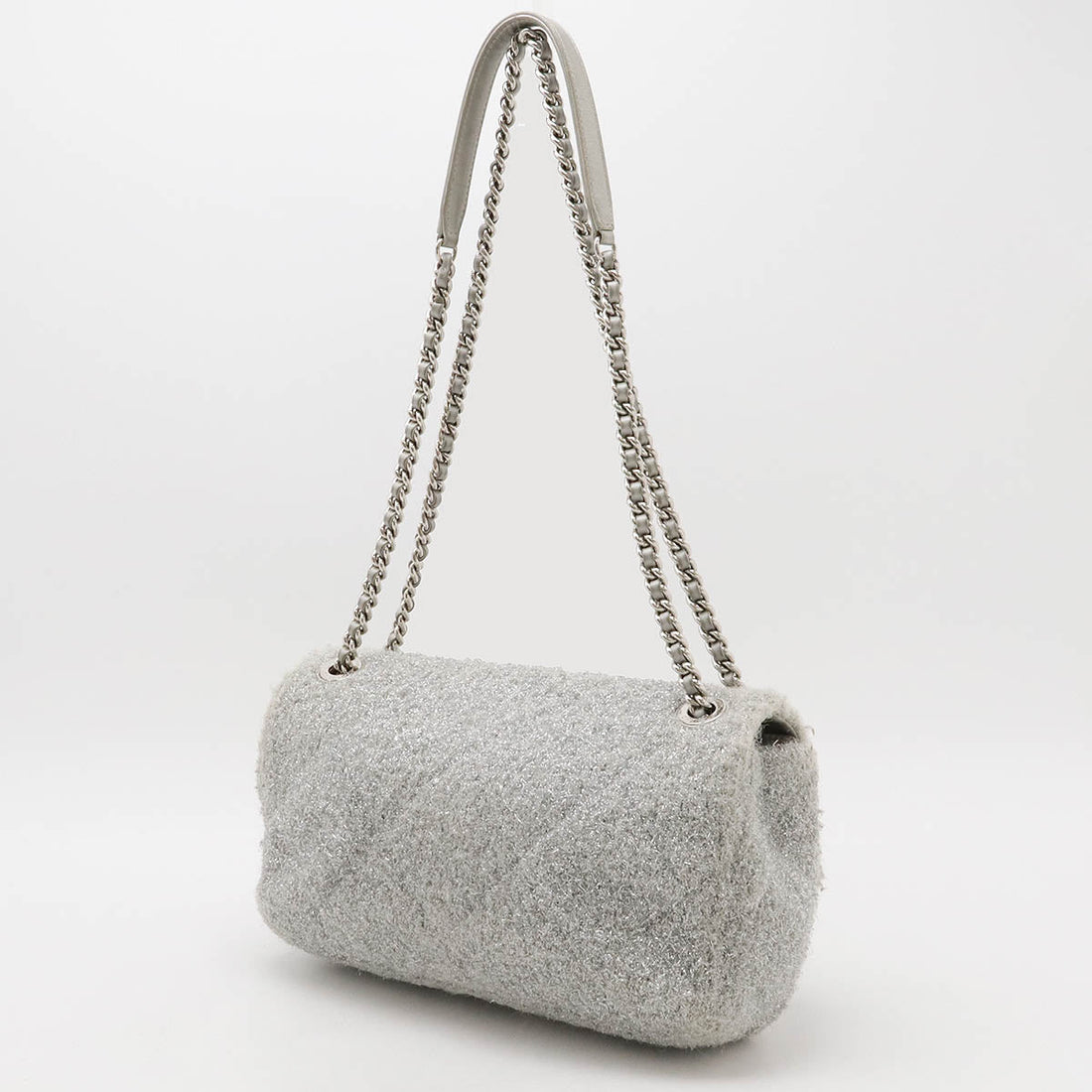 Chanel Fabric Leather Poolto Glitter Coco Mark Chain Shoulder Bag Silver