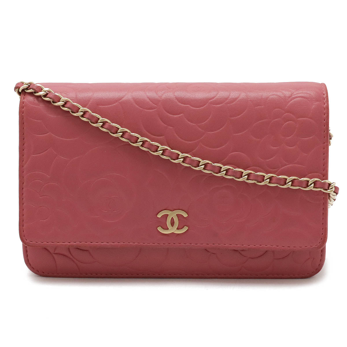 Chanel Camellia Chain Wallet Shoulder Bag Lambskin Leather Pink