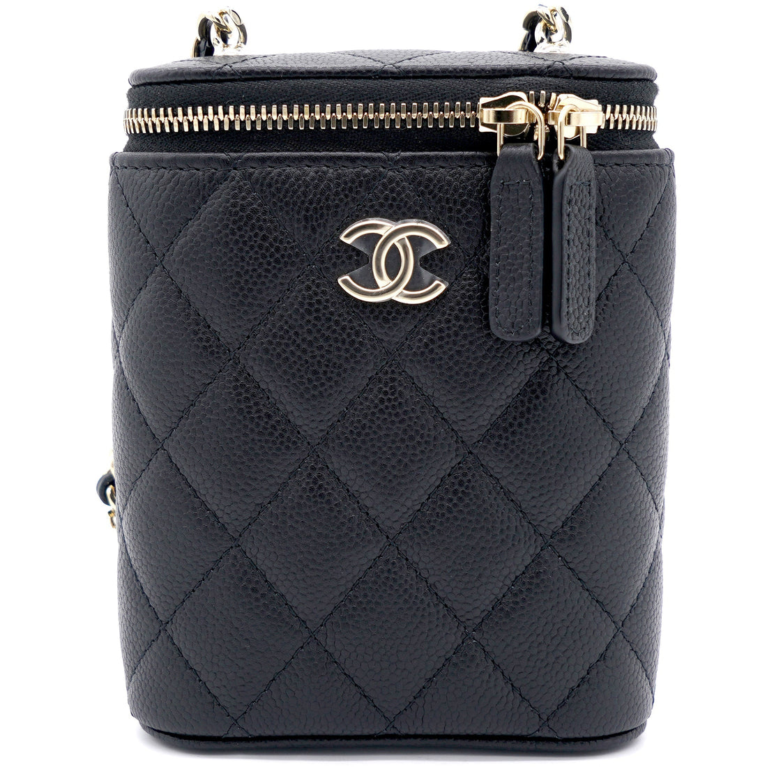 Chanel Caviar Quilted Small Vertical Coco Beauty Vanity Case With Chain Black