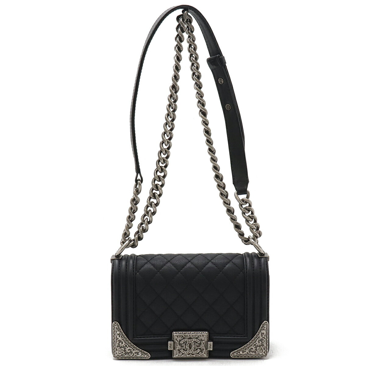 Chanel Leather Boy Chanel Matelasse Coco Mark Chain Shoulder Bag Black