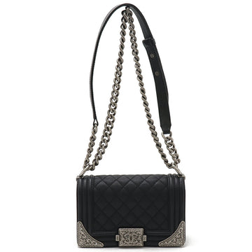 Chanel Leather Boy Chanel Matelasse Coco Mark Chain Shoulder Bag Black