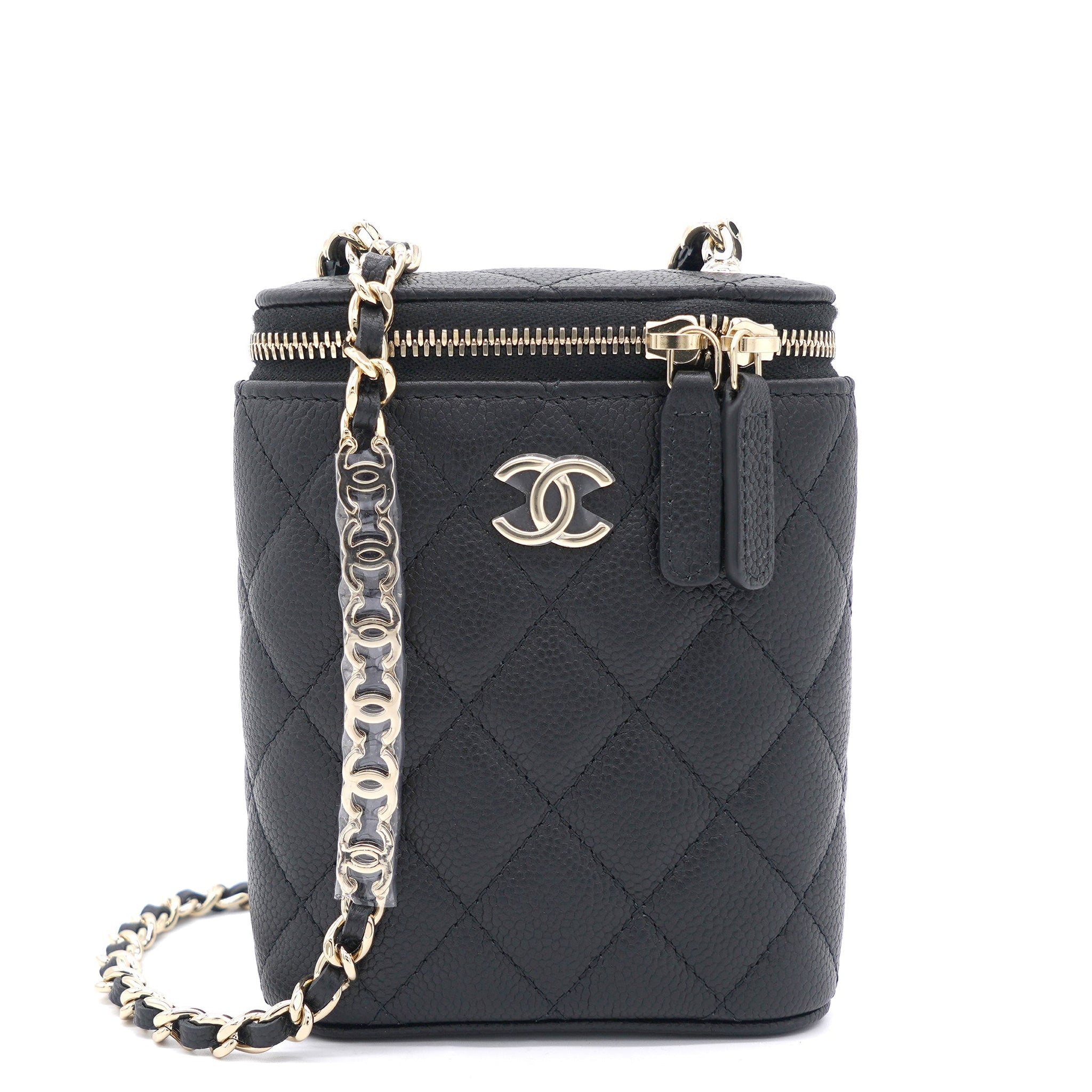Chanel Caviar Quilted Small Vertical Coco Beauty Vanity Case With Chain Black