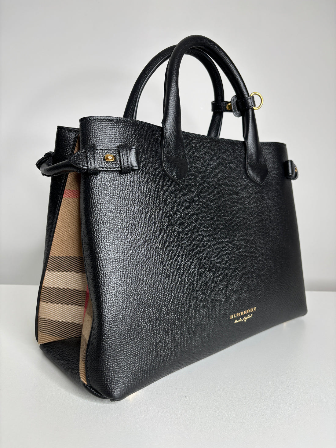 Burberry Medium Banner Black Leather House Check Shoulder Bag