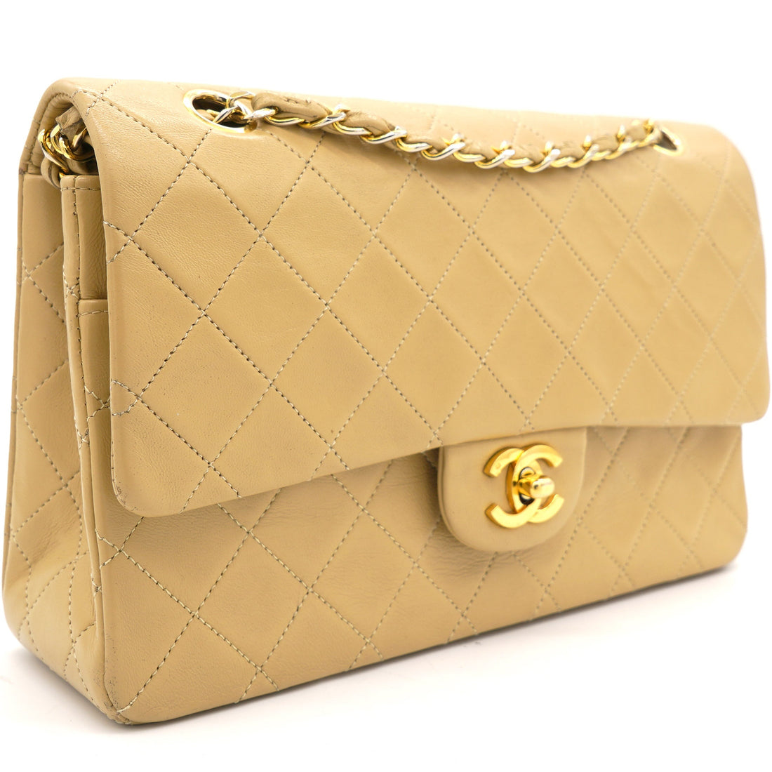 Chanel Beige Quilted Lambskin Leather Medium Classic Vintage Double Flap Shoulder Bag