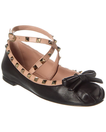 Valentino Rockstud Leather Ankle Strap Ballerina Flat
