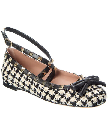 Valentino Rockstud Tweed & Leather Flat