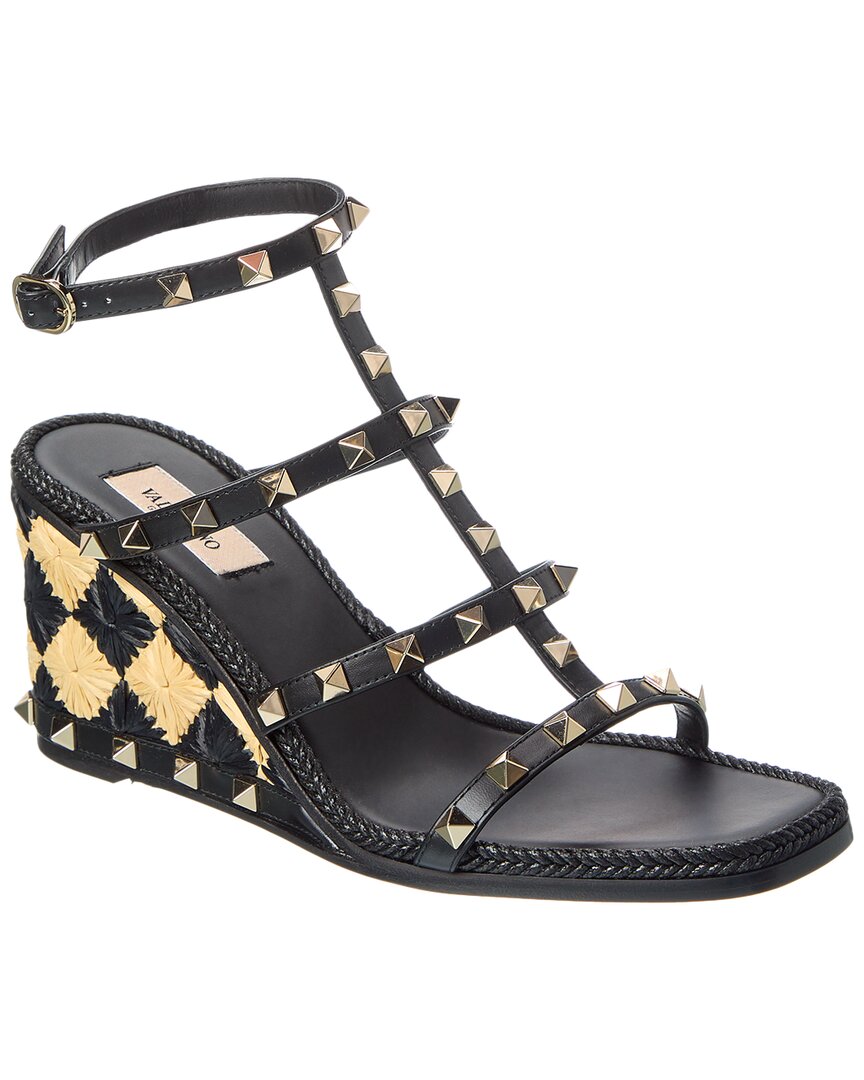 Valentino Rockstud Caged 90 Leather Ankle Strap Wedge Sandal