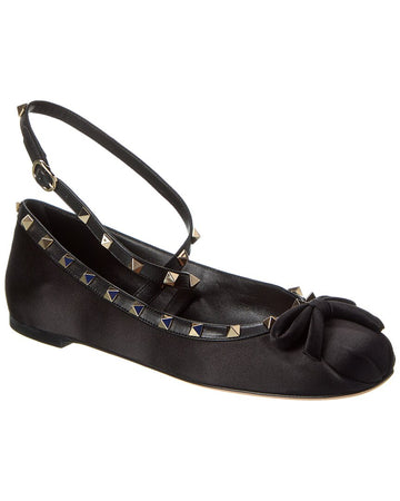 Valentino Rockstud Satin & Leather Ankle Strap Ballerina Flat