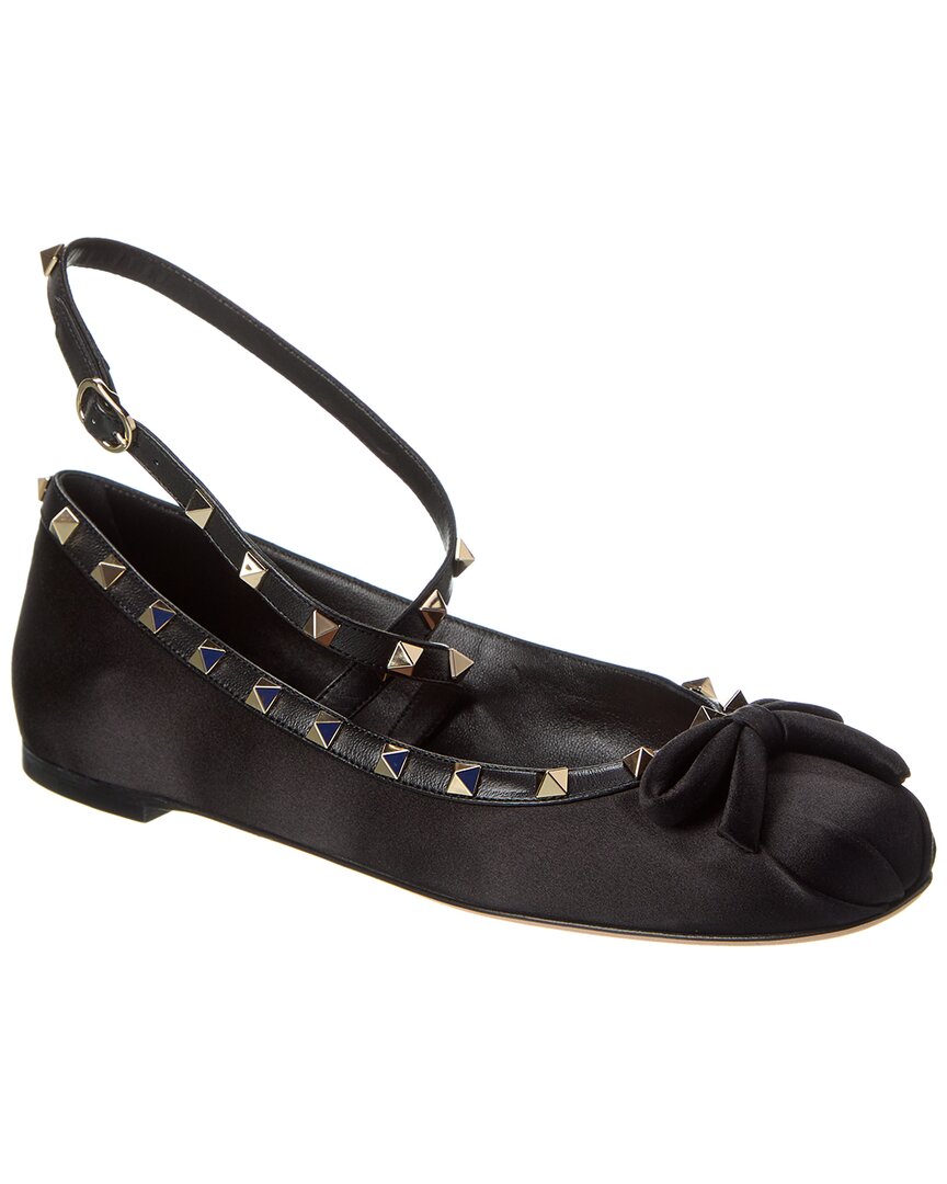 Valentino Rockstud Satin & Leather Ankle Strap Ballerina Flat