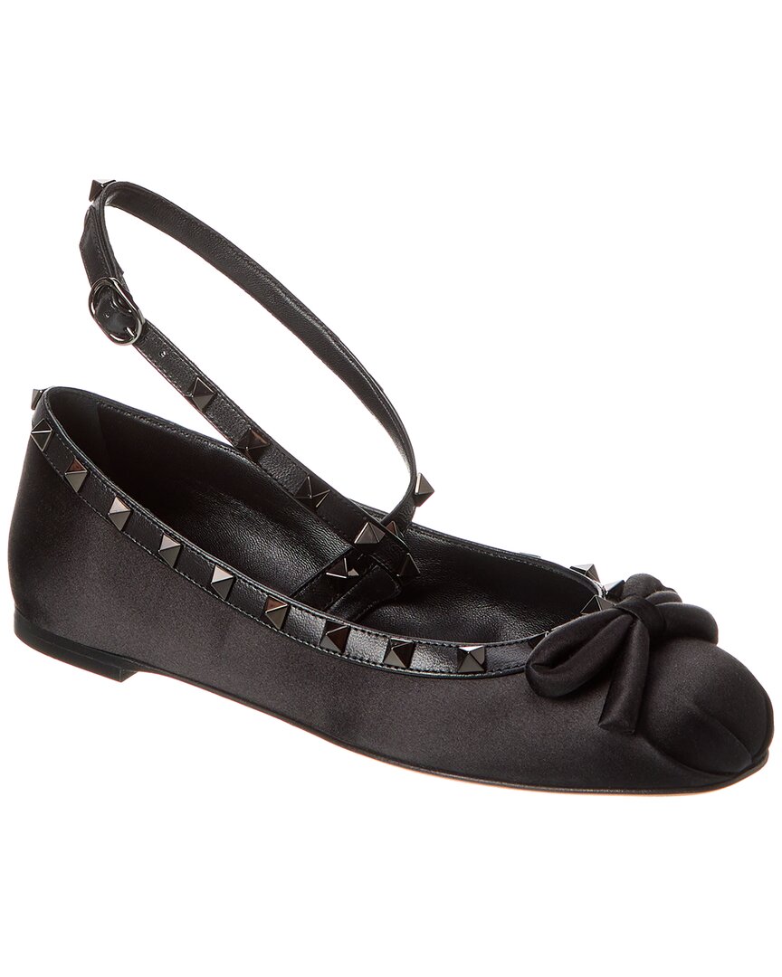 Valentino Rockstud Satin & Leather Ankle Strap Ballerina Flat