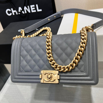 CHANEL BOY BAG MEDIUM 25 DARK GREY CAVIAR GOLD HARDWARE