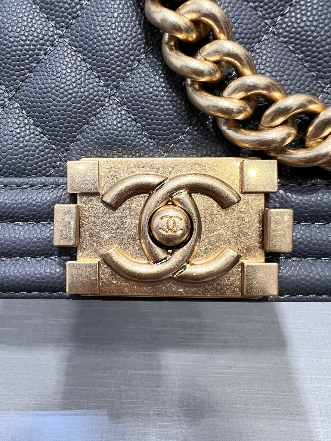CHANEL BOY BAG MEDIUM 25 DARK GREY CAVIAR GOLD HARDWARE