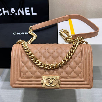 CHANEL BOY BAG MEDIUM 25 BROWN CAVIAR GOLD HARDWARE