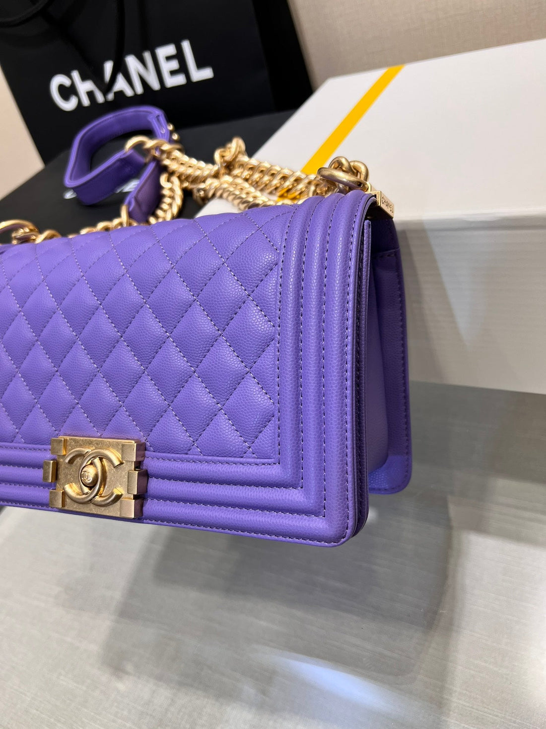 CHANEL BOY BAG MEDIUM 25 PURPLE CAVIAR GOLD HARDWARE