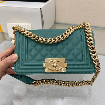 CHANEL BOY BAG SMALL 20 EVER GREEN CAVIAR GOLD HARDWARE