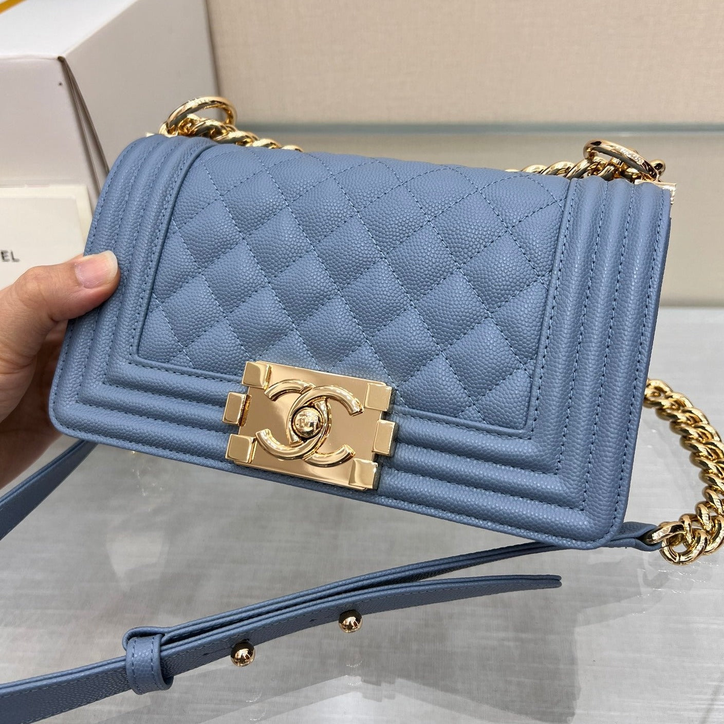 CHANEL BOY BAG SMALL 20 LIGHT BLUE CAVIAR GOLD HARDWARE