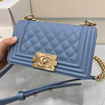 CHANEL BOY BAG SMALL 20 LIGHT BLUE CAVIAR GOLD HARDWARE