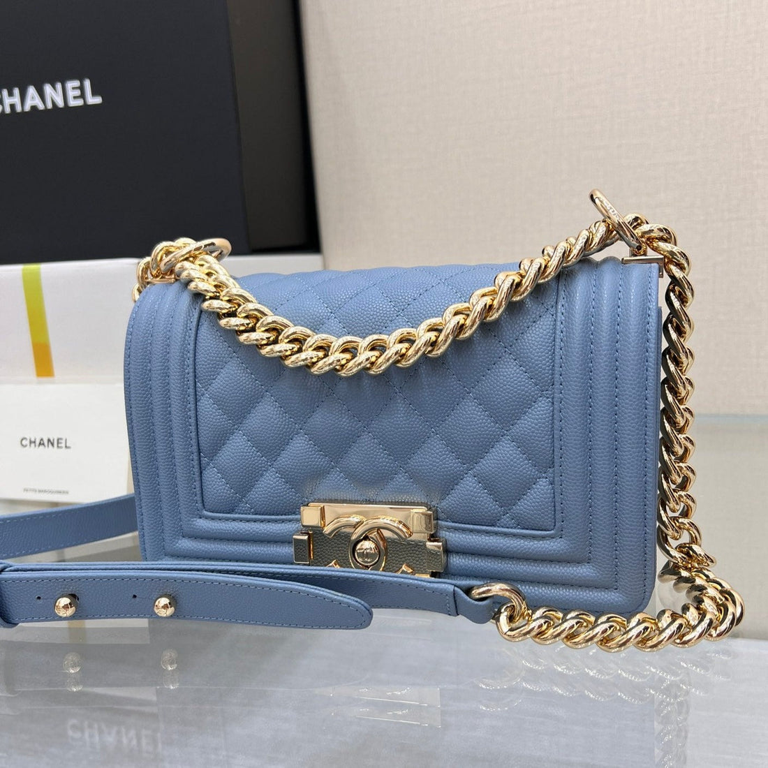 CHANEL BOY BAG SMALL 20 LIGHT BLUE CAVIAR GOLD HARDWARE