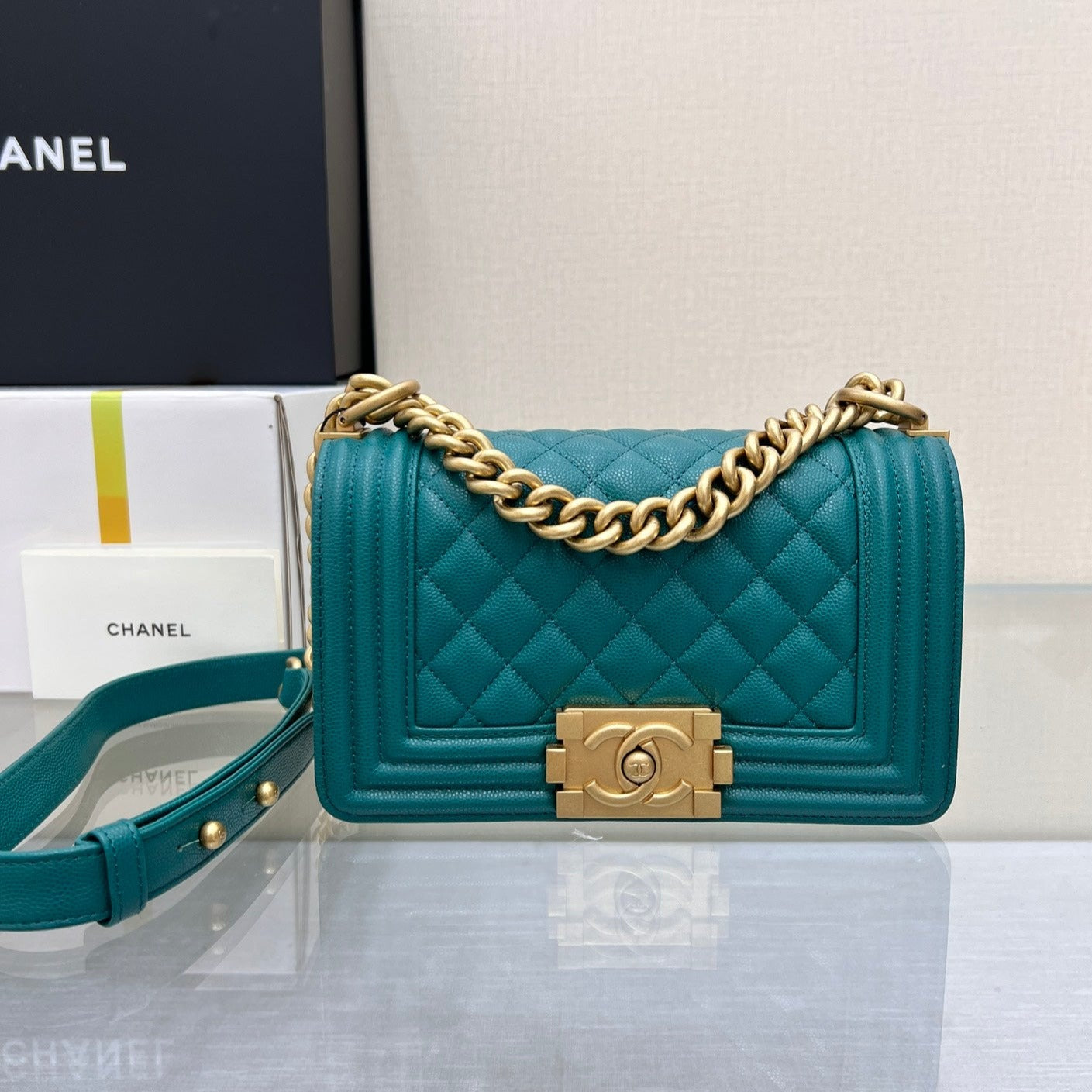CHANEL BOY BAG SMALL 20 DARK GREEN CAVIAR GOLD HARDWARE