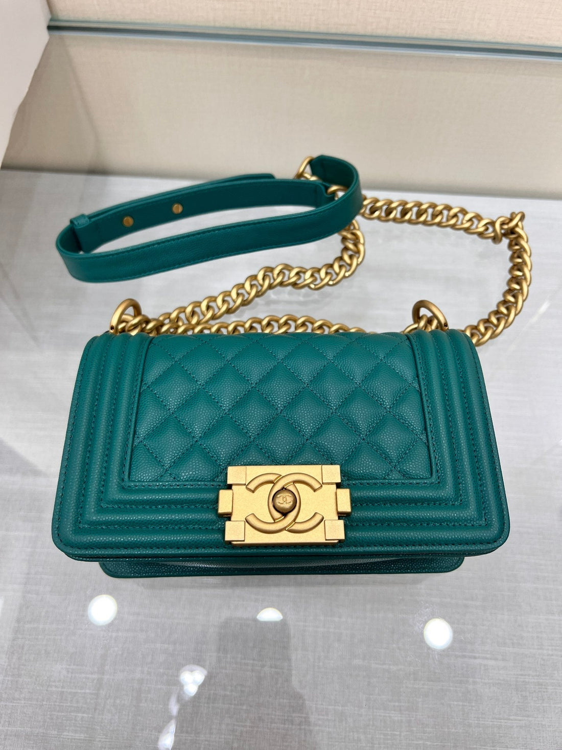 CHANEL BOY BAG SMALL 20 DARK GREEN CAVIAR GOLD HARDWARE