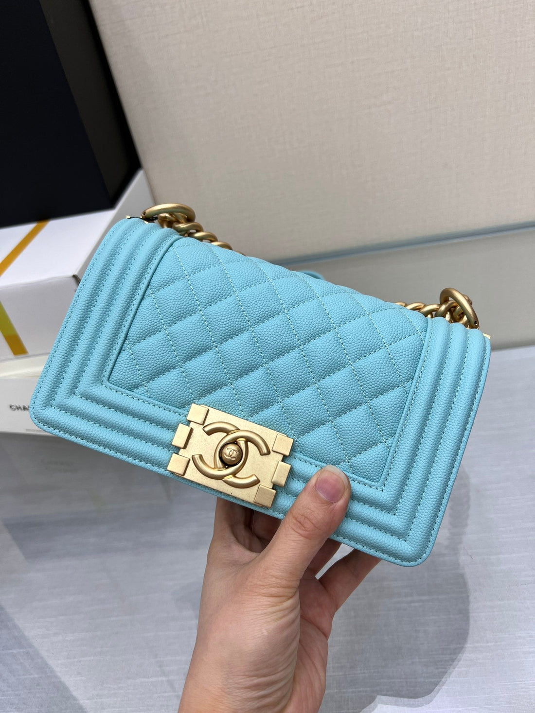 CHANEL BOY BAG SMALL 20 CLOUD BLUE CAVIAR GOLD HARDWARE