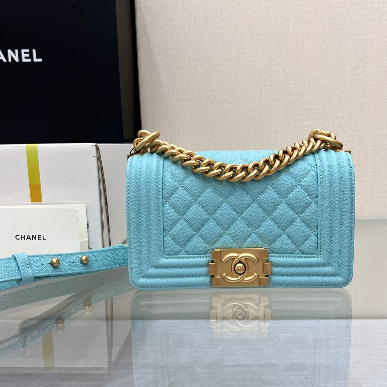 CHANEL BOY BAG SMALL 20 CLOUD BLUE CAVIAR GOLD HARDWARE