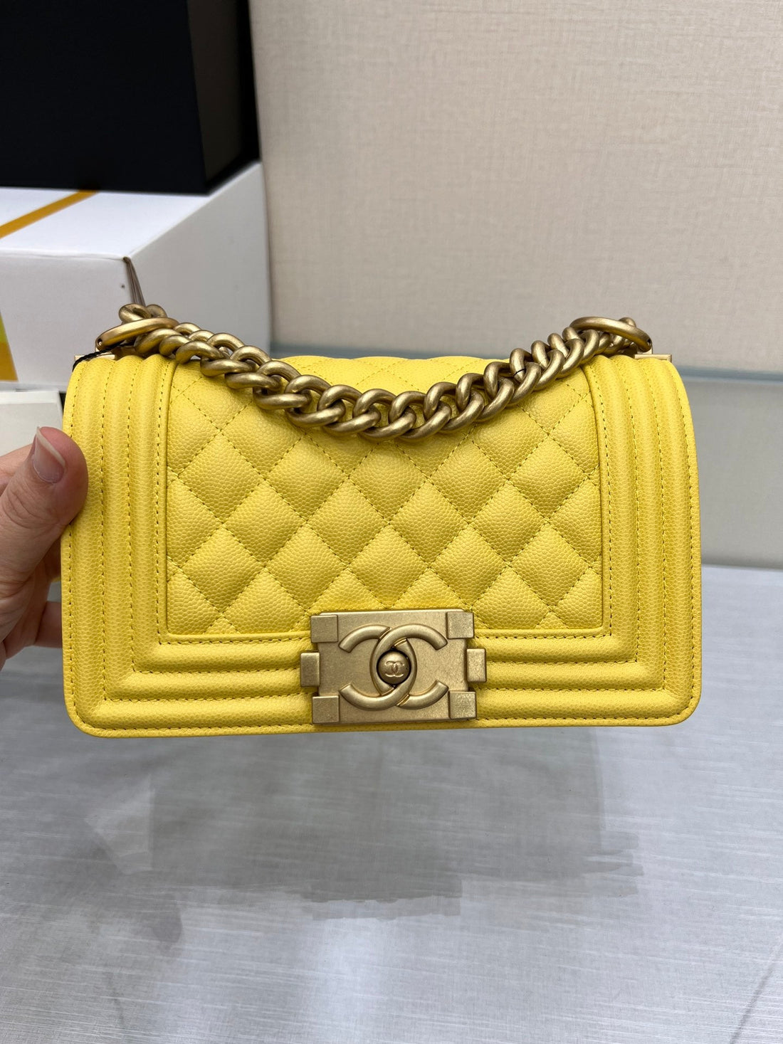 CHANEL BOY BAG SMALL 20 YELLOW CAVIAR GOLD HARDWARE