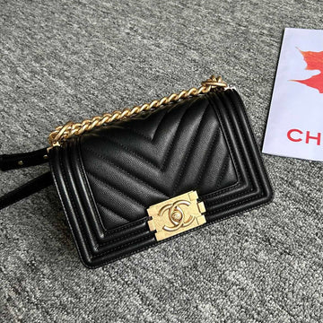 CHANEL BOY BAG SMALL 20 BLACK CHEVRON CAVIAR GOLD HARDWARE