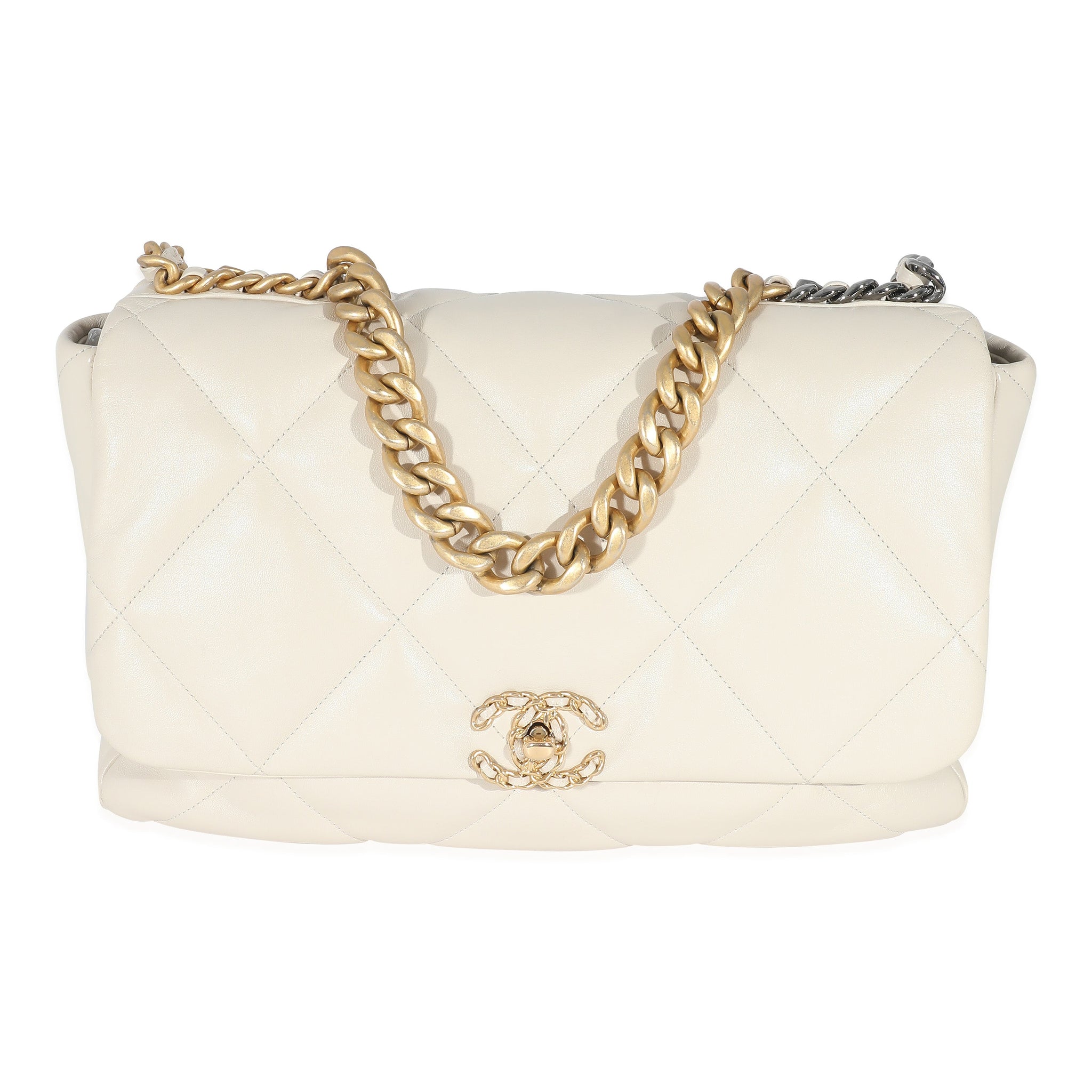 Top Quality Chanel Ivory Shiny Quilted Lambskin Maxi 19 New Bag
