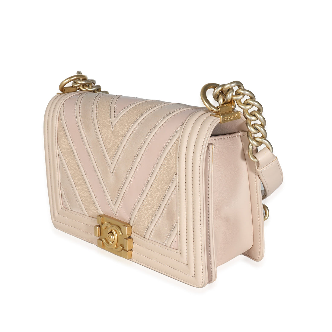 CHANEL Beige Caviar Suede Calfskin Chevron Medium Boy Bag