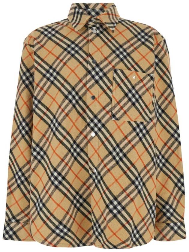 Burberry Check Oversized Wool Long Sleeve Shirt Sand
