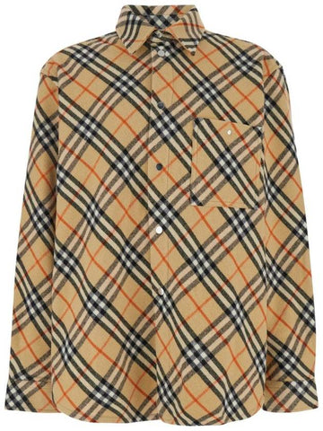 Burberry Check Oversized Wool Long Sleeve Shirt Sand