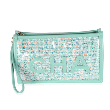 Top Quality Chanel Green Tweed PVC Lambskin Logo Wristlet Pouch
