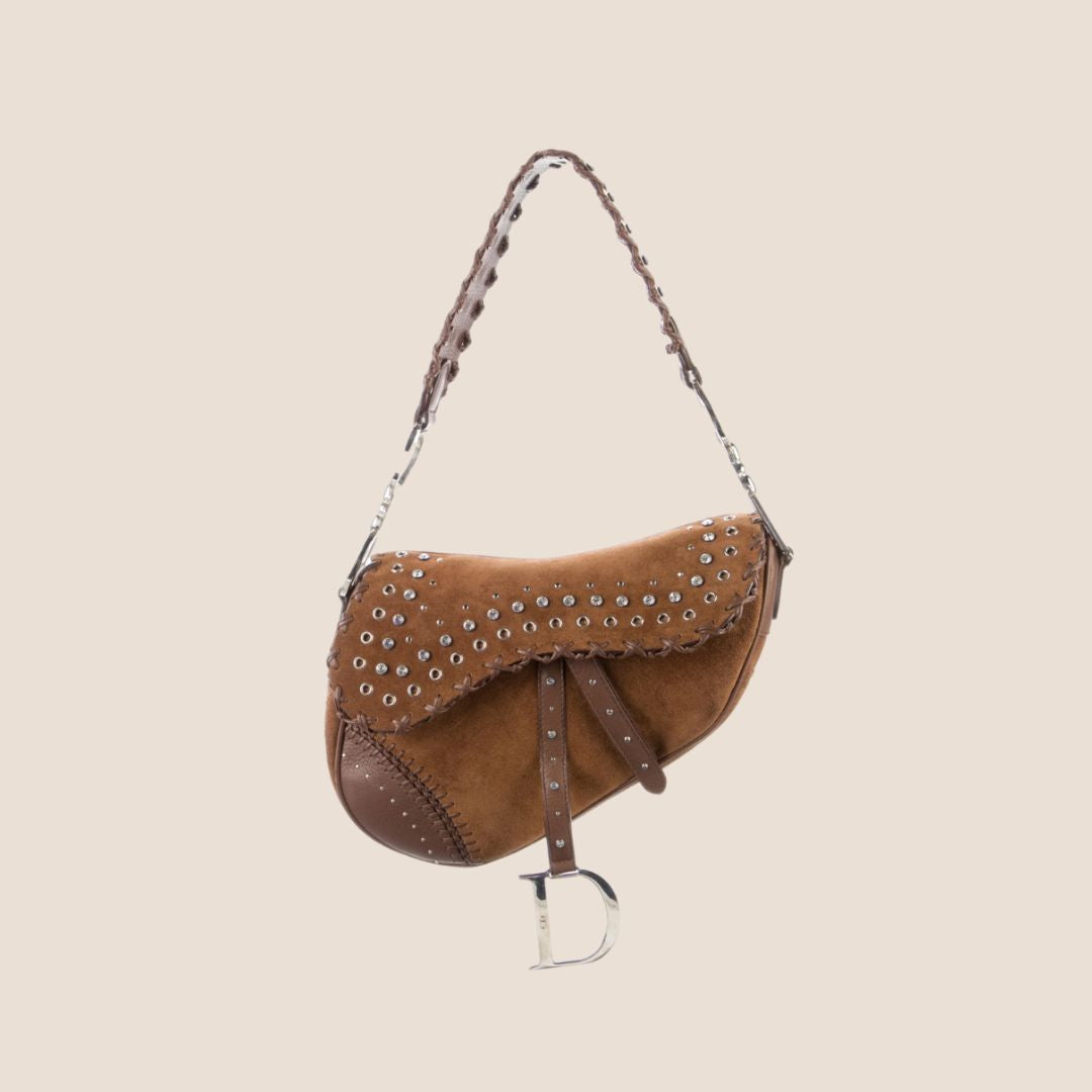 CHRISTIAN DIOR 2004 BROWN SUEDE EMBELLISHED WHIPSTITCH SADDLE BAG