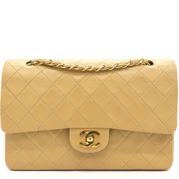 Chanel Beige Quilted Lambskin Leather Medium Classic Vintage Double Flap Shoulder Bag