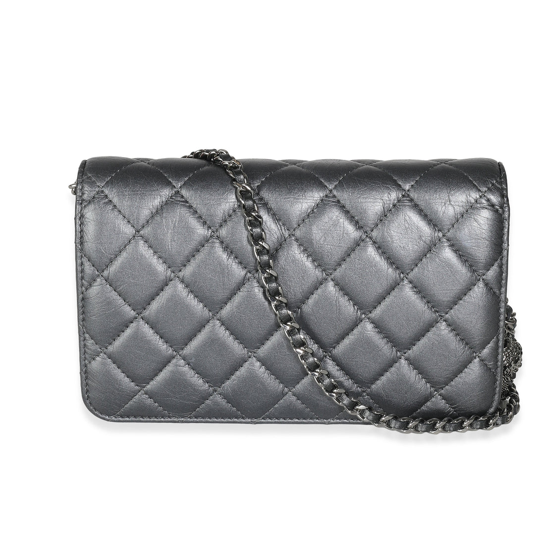Top Quality Chanel Dark Silver Iridescent Aged Quilted Calfskin Tassel Wallet On Chain