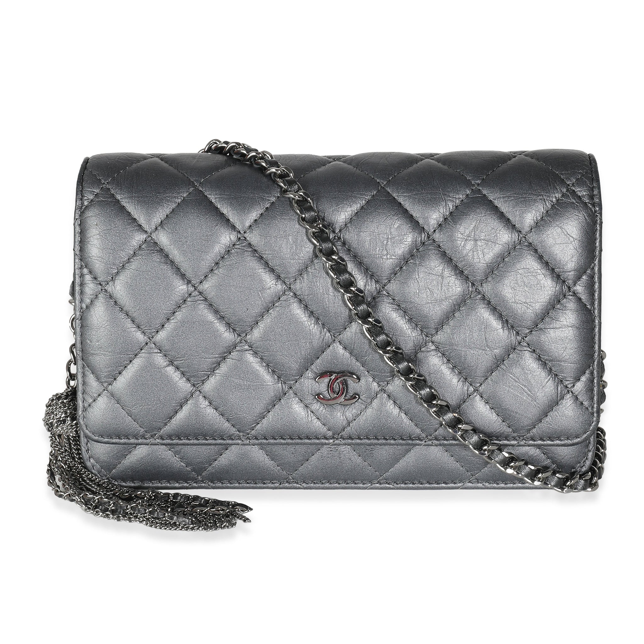 Top Quality Chanel Dark Silver Iridescent Aged Quilted Calfskin Tassel Wallet On Chain